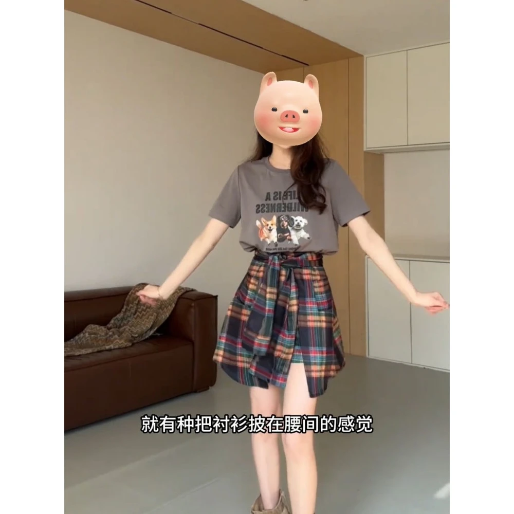 大码时尚套装女夏季复古短袖T恤上衣格子显瘦半身裤裙两件套-6120