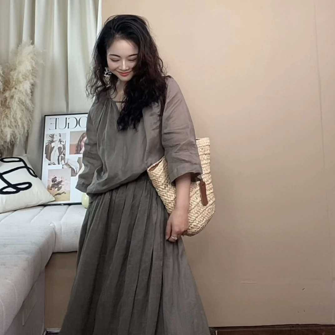 柚兮原创小众设计～100支纯苎麻度假上衣法式半裙小个子新中式套装