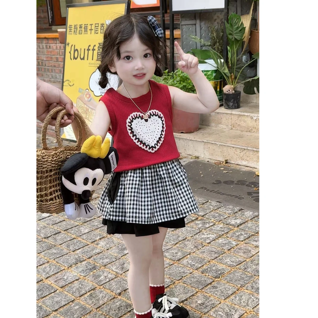 女童红色爱心背心洋气上衣格子花边短裤女宝宝甜美套装童装夏款潮
