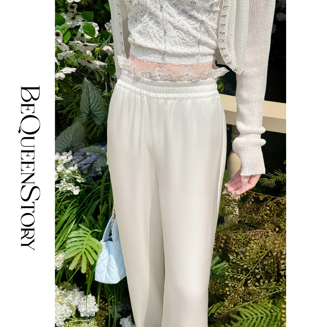 韩韩IU【奶油蕾丝】高支含醋脂纤维松紧腰头拼接蕾丝花边阔腿休闲裤