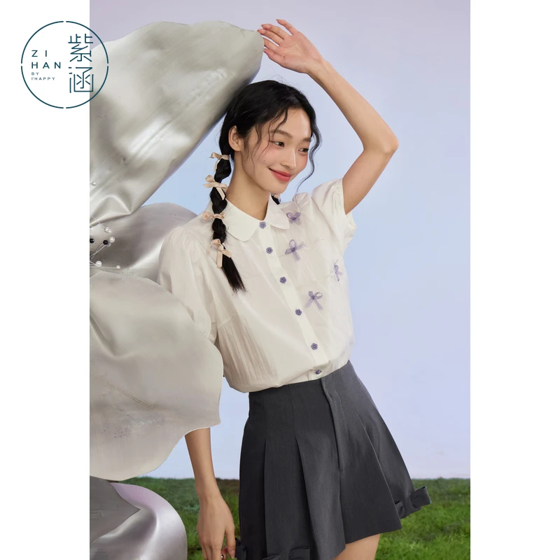 紫涵白色翻领短袖衬衫女夏季新款网纱宽松显瘦衬衣Z4Z04BS331