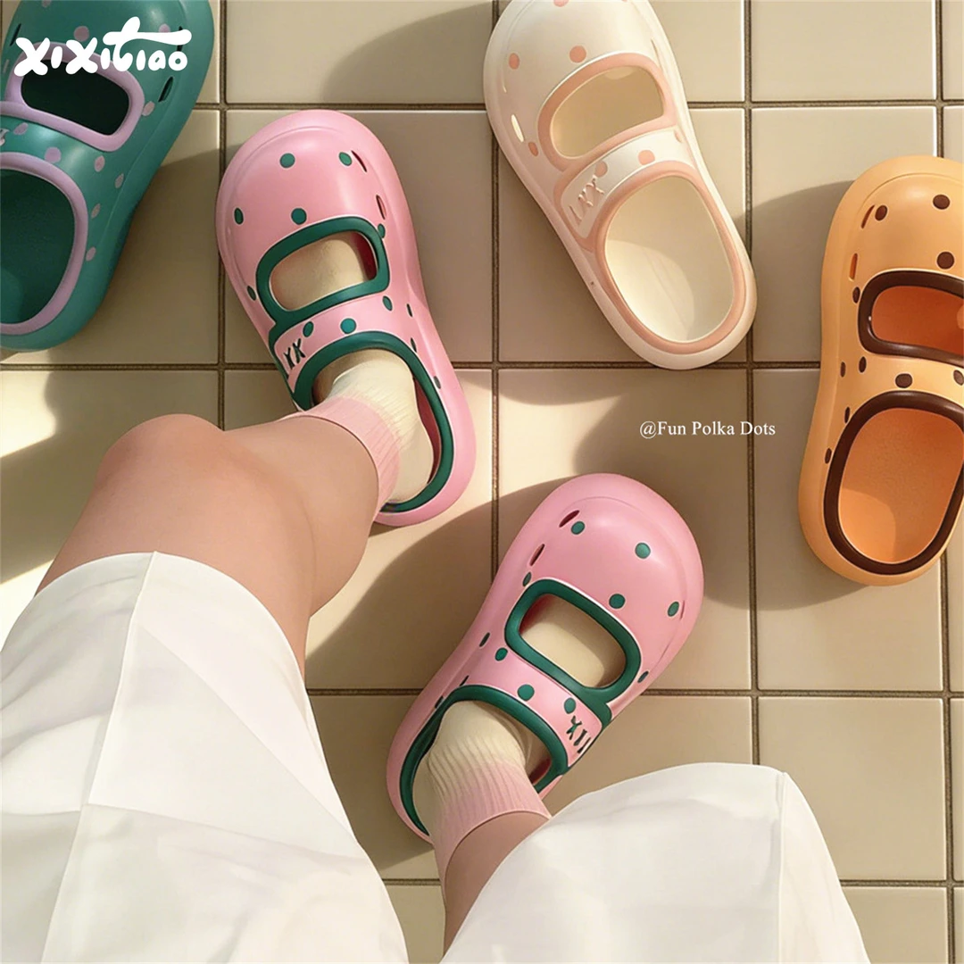 细细条 多巴胺拼色玛丽珍凉拖鞋女夏eva厚底防滑可爱波点沙滩拖鞋