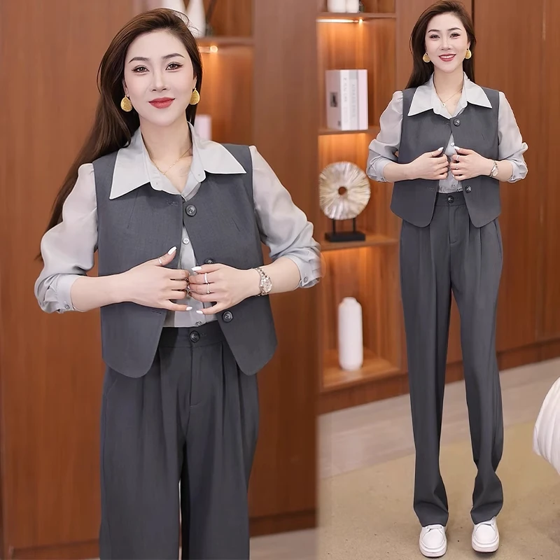 时尚西装套装女2025春季新款洋气显瘦减龄衬衫马甲阔腿裤三件套潮