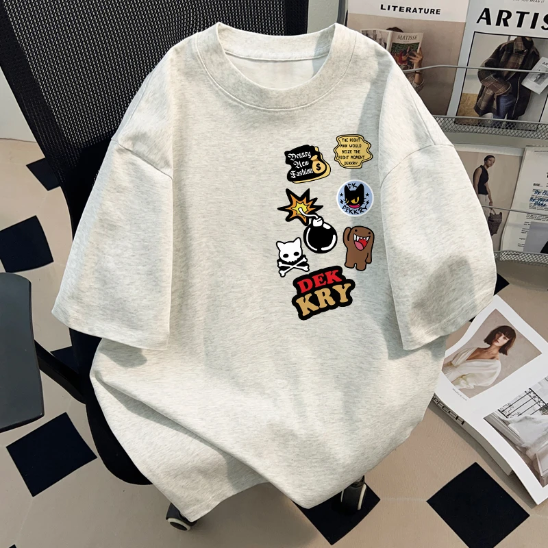 jtrt美式卡通创意字母印花短袖男女夏季重磅纯棉小领口T恤情侣装