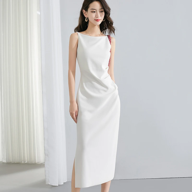 晚白2025年夏新款时尚简约裙子休闲显瘦纯色收腰连衣裙25042310