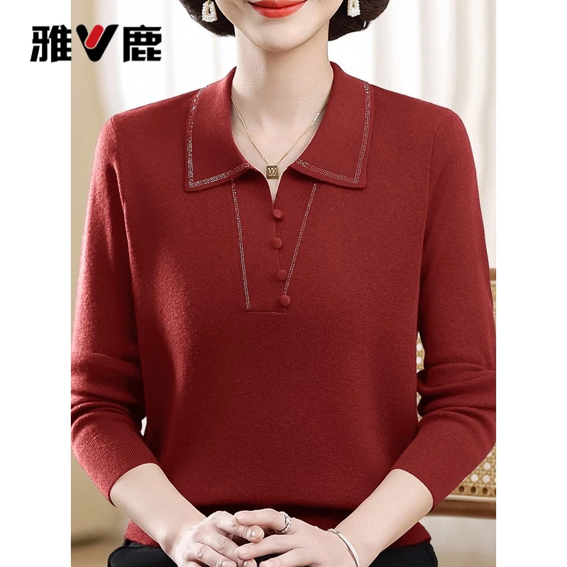 雅鹿中老年女装春秋装翻领长袖针织衫妈妈装秋薄款打底衫宽松大码