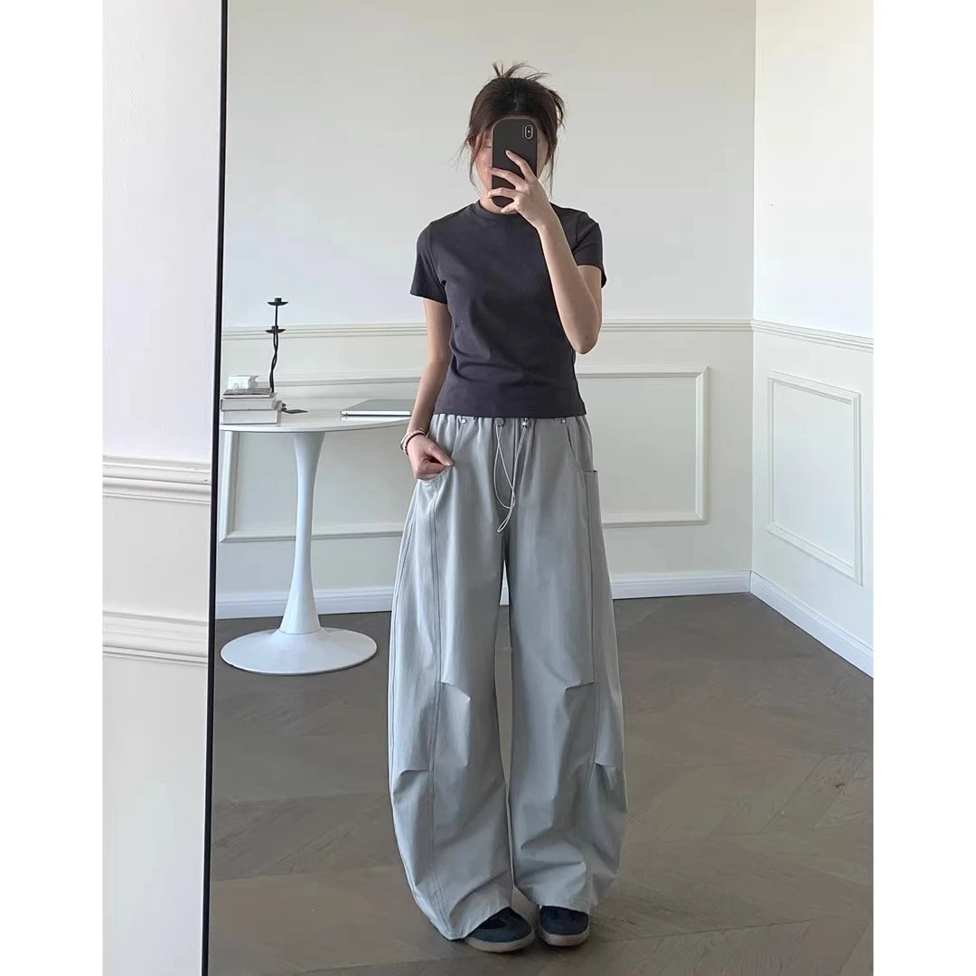 夏季轻薄美式阔腿伞兵工装裤宽松复古休闲显瘦冲锋运动弯刀阔腿裤