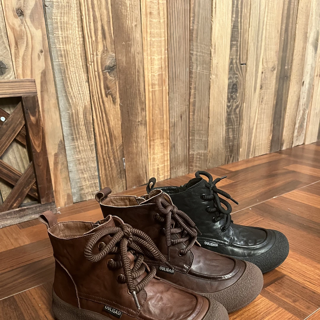 Oulisasi头层牛皮马丁靴2024新款百搭休闲厚底鞋软底软面全牛皮女