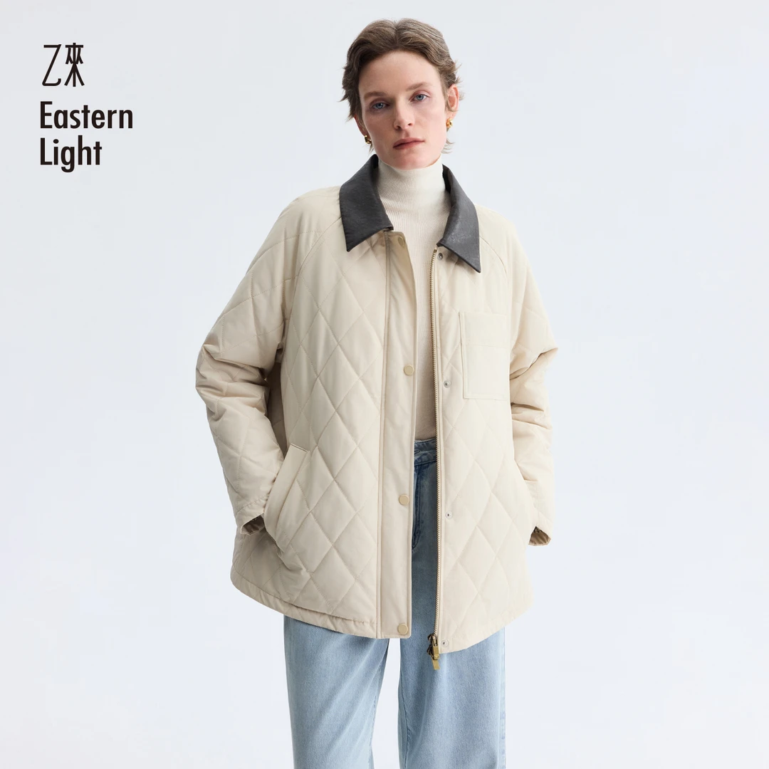 Eastern Light/乙来秋冬保暖立领百搭时尚通勤复古皮翻领绗缝棉服