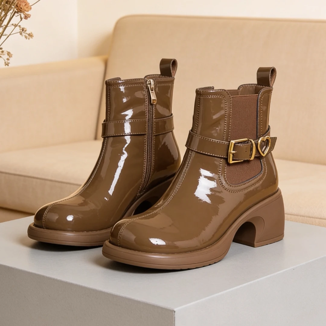 圆头秋冬加棉双扣厚底粗跟英伦风机车短靴