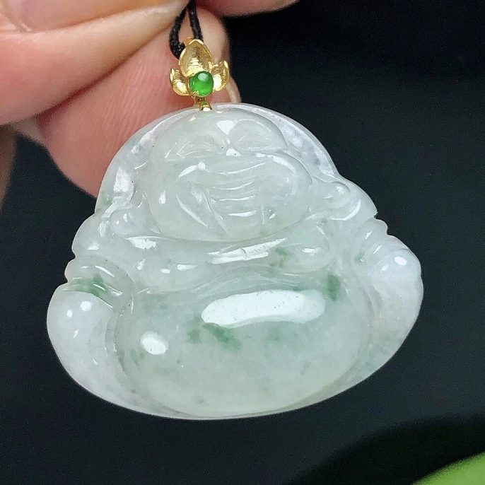 缅甸A货，18K金扣镶嵌冰飘花佛公小吊坠时尚女士精美冰种翡翠玉佛