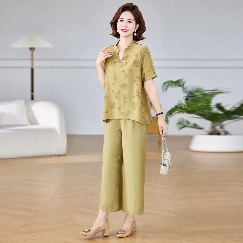 妈妈夏季套装新中式大码上衣新款中老年女V领短袖休闲衣服两件套