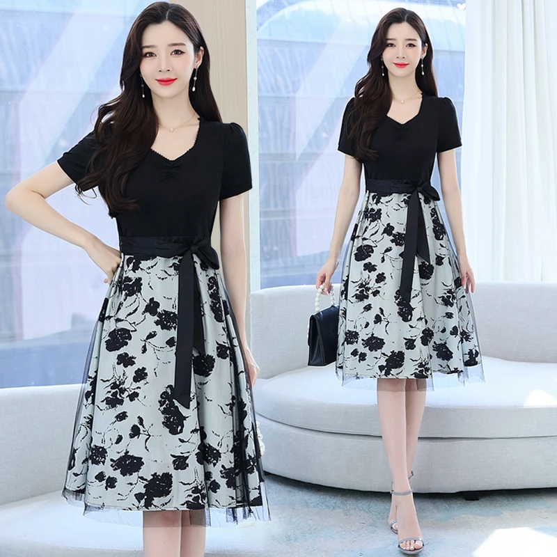 高贵上档次网纱连衣裙2025新款收腰显瘦气质名媛女神范短袖连衣裙