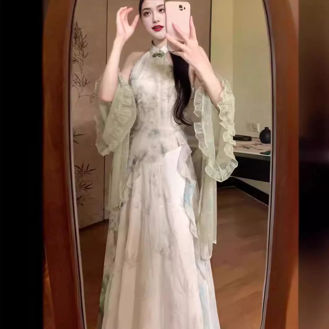 优品新中式新款改良小清新国风夏季年轻款挂脖少女旗袍连衣裙洋气