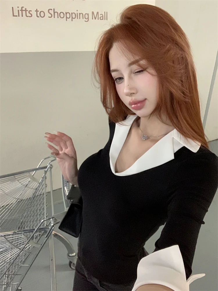 2025春季新款高级感黑色拼摆衬衫领假两件日常休闲七分袖时尚上衣