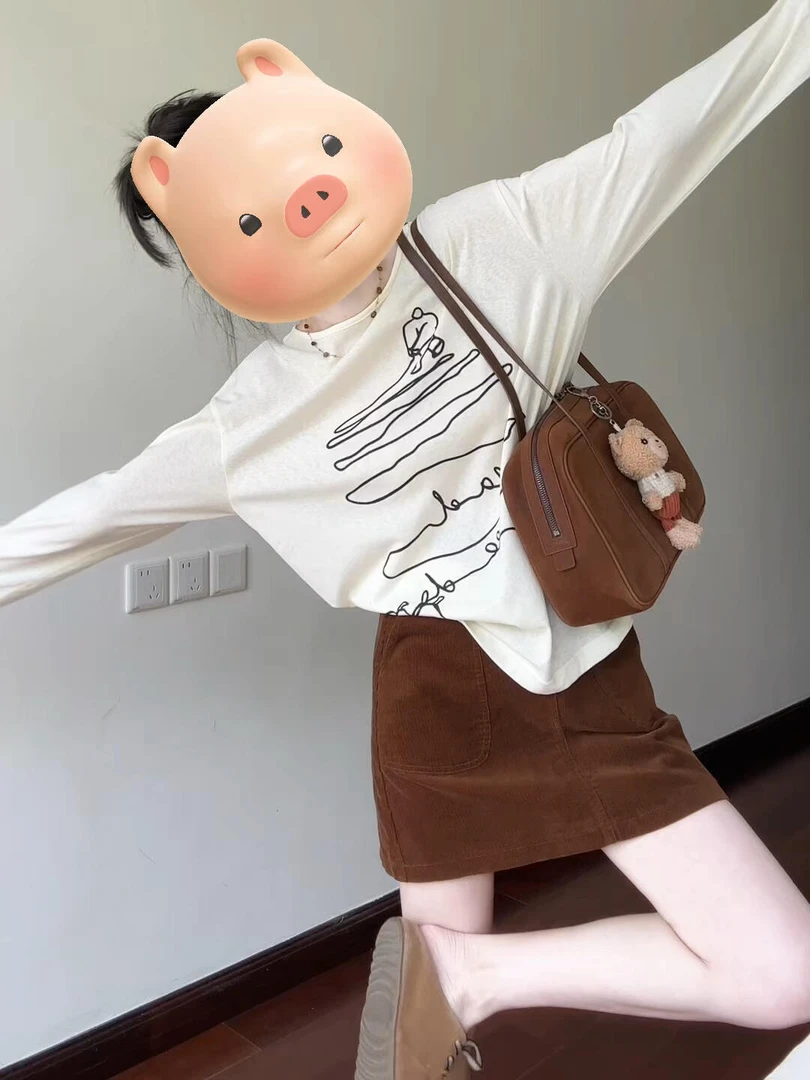 夏季慵懒风穿搭遛狗印花防晒长袖罩衫t恤女高腰A字半身裙两件套装