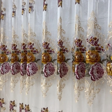 纱米白色重工刺绣纱帘定制款式