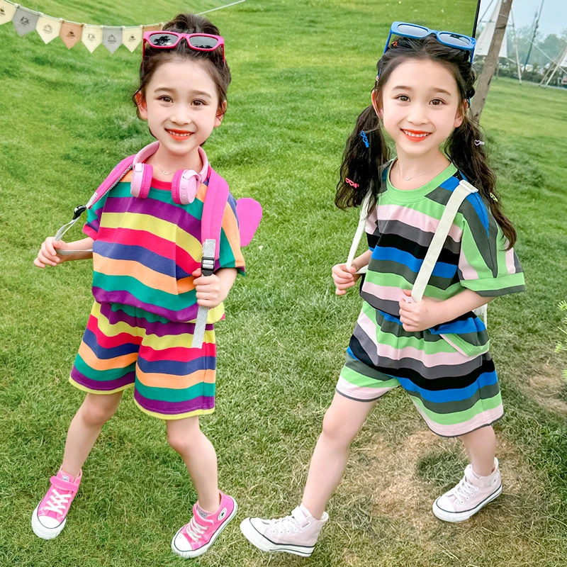 女童套装夏季薄款多巴胺潮流网红爆款炸街彩条短袖短裤儿童两件套