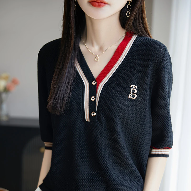 轻奢高端夏季V领刺绣撞色针织T恤女气质遮肉薄款休闲显瘦短袖上衣