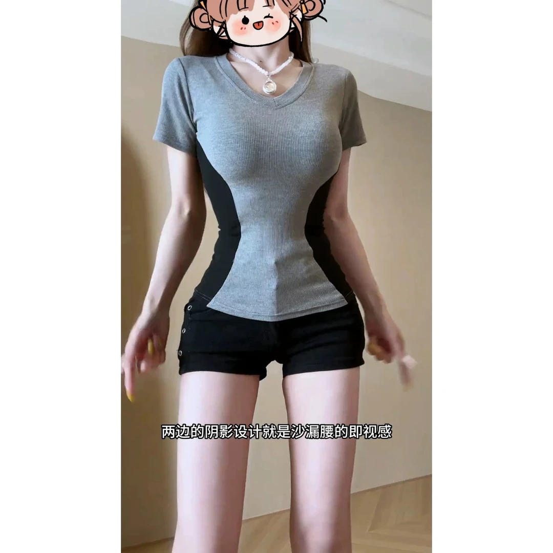 正肩撞色掐腰效果短袖t恤女春夏季新款V领修身显瘦小众别致上衣