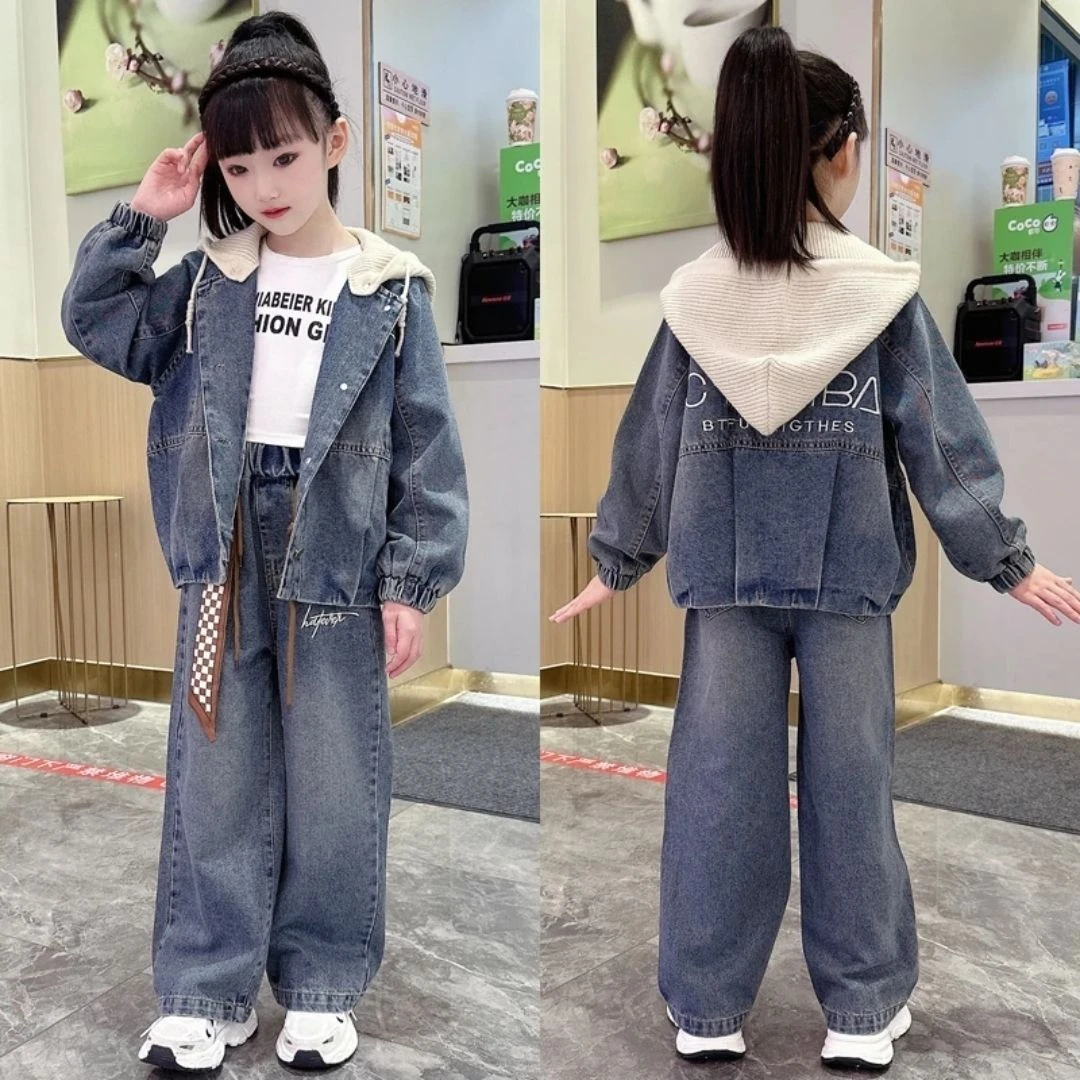 女童牛仔套装春秋款新款好看休闲洋气韩版中大童连帽牛仔外套