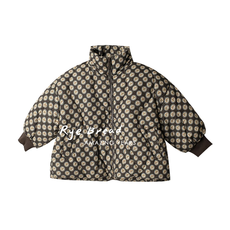 ryebread/黑面包童装 复古白鸭绒女小童花花保暖羽绒服4冬