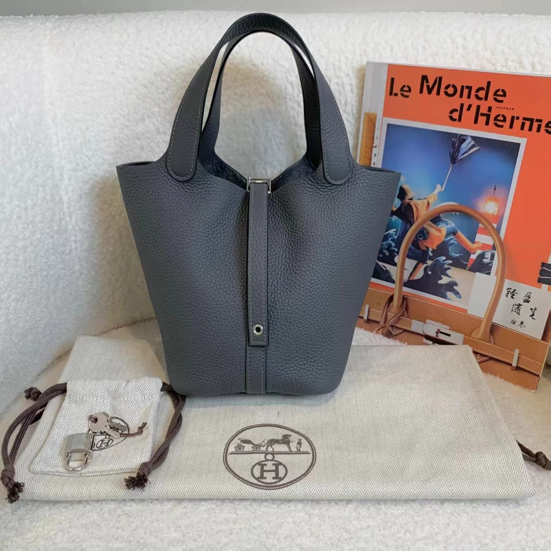 99新 Hermes/爱马仕 壹臻/朦胧灰银扣菜篮子18W刻 tc皮 32594211