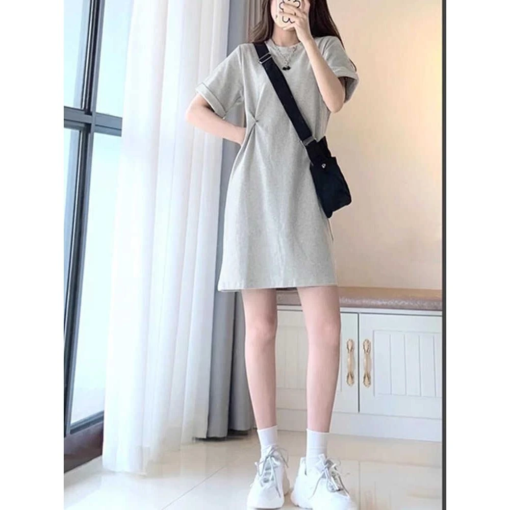 【开学季】灰色短袖连衣裙女夏季2025新款设计感小众不规则体恤长