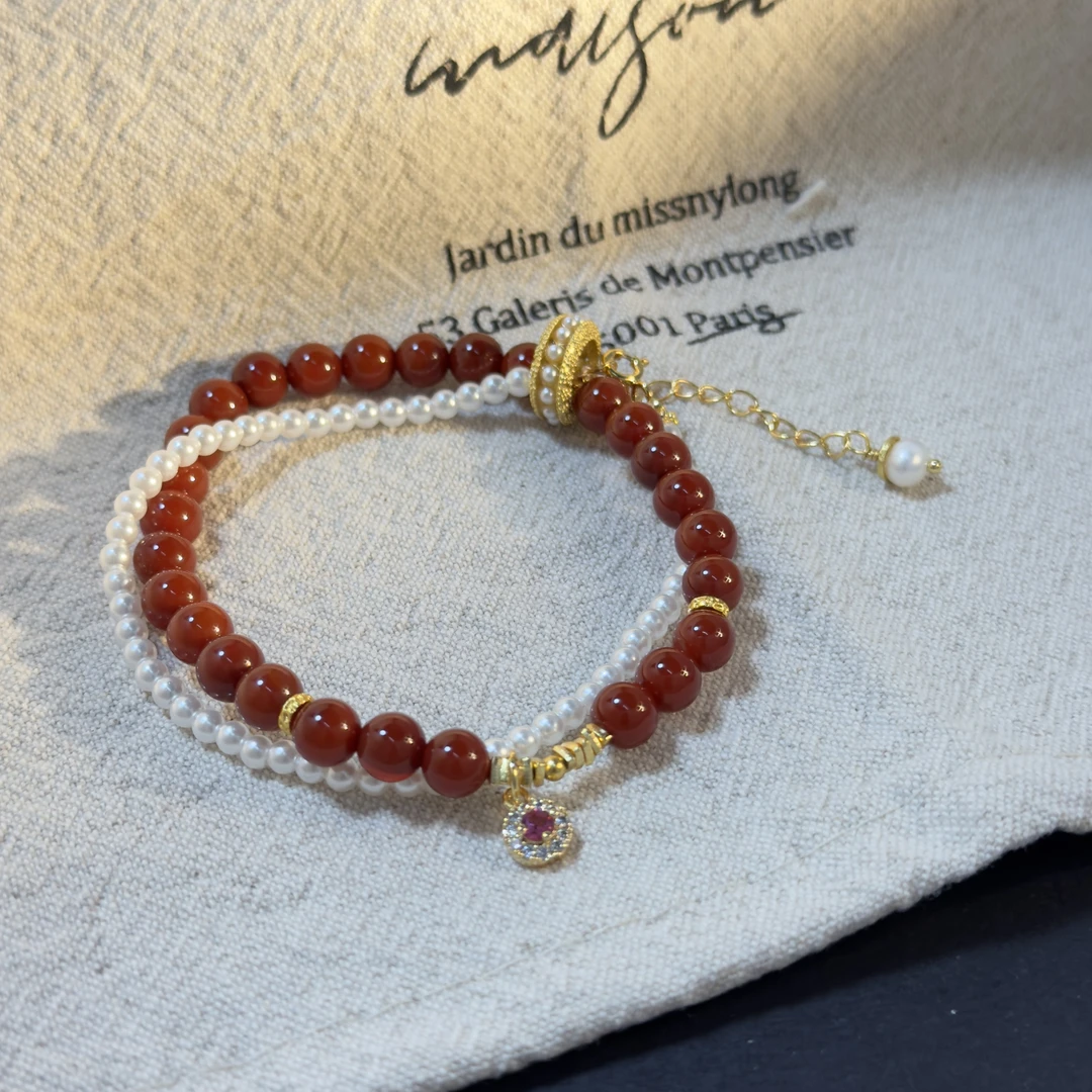 铜合金合成锆石手链 手工气质百搭复古红色彩色镶嵌手链QC3450