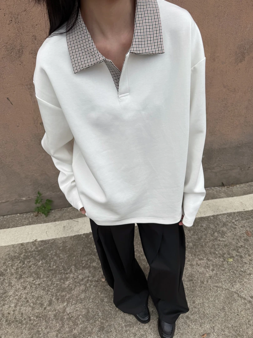 白色cleanfit千鸟格拼接长袖太空棉男女重磅Polo衫卫衣美式打底衫