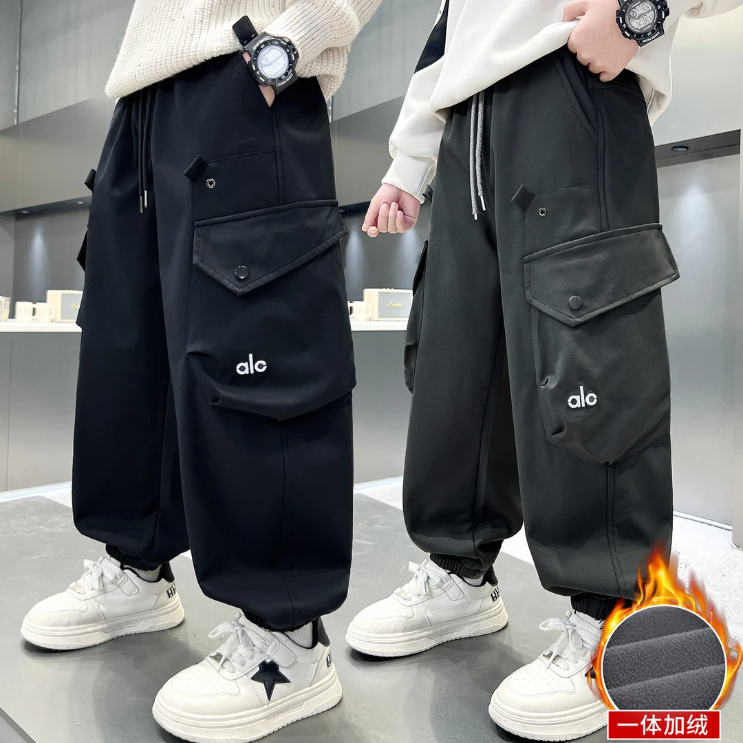 男童加绒工装裤冬季中大童加厚休闲裤童装一体绒裤子儿童宽松长裤