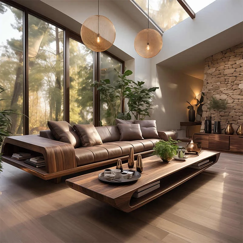 新中式胡桃木沙发别墅实木真皮客厅沙发2024新款轻奢高级感三人位