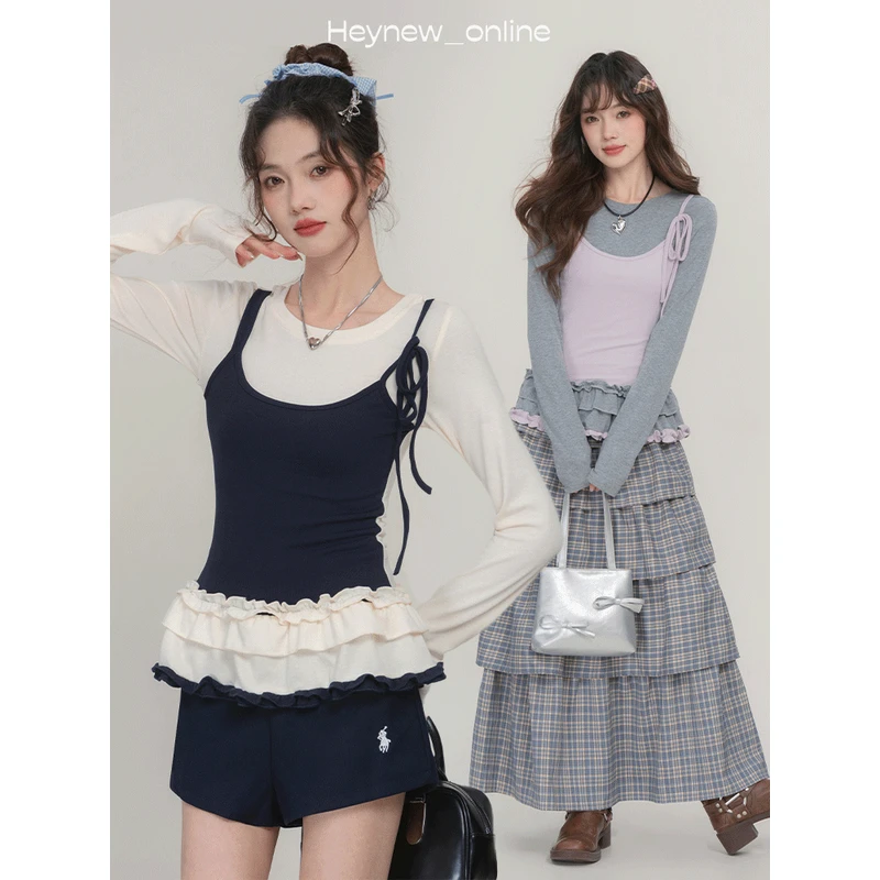 【春季大上新】撞色木耳边假两件显瘦长袖针织韩版-5C257