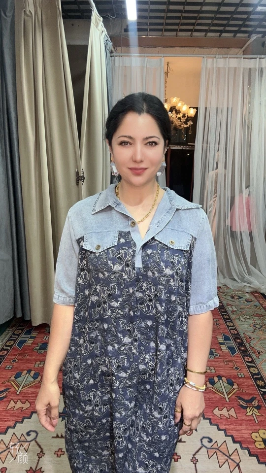 夏季新款短袖POLO领印花宽松拼接显瘦牛仔连衣裙