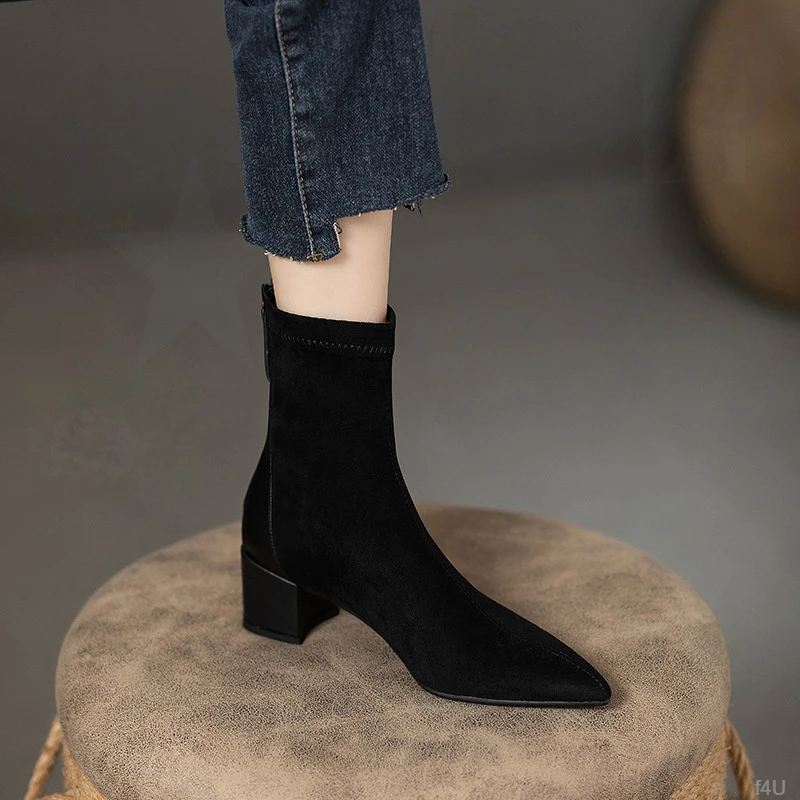 粗跟短靴女2024秋冬季新款瘦瘦靴高跟鞋绒面靴子尖头袜靴女弹力靴