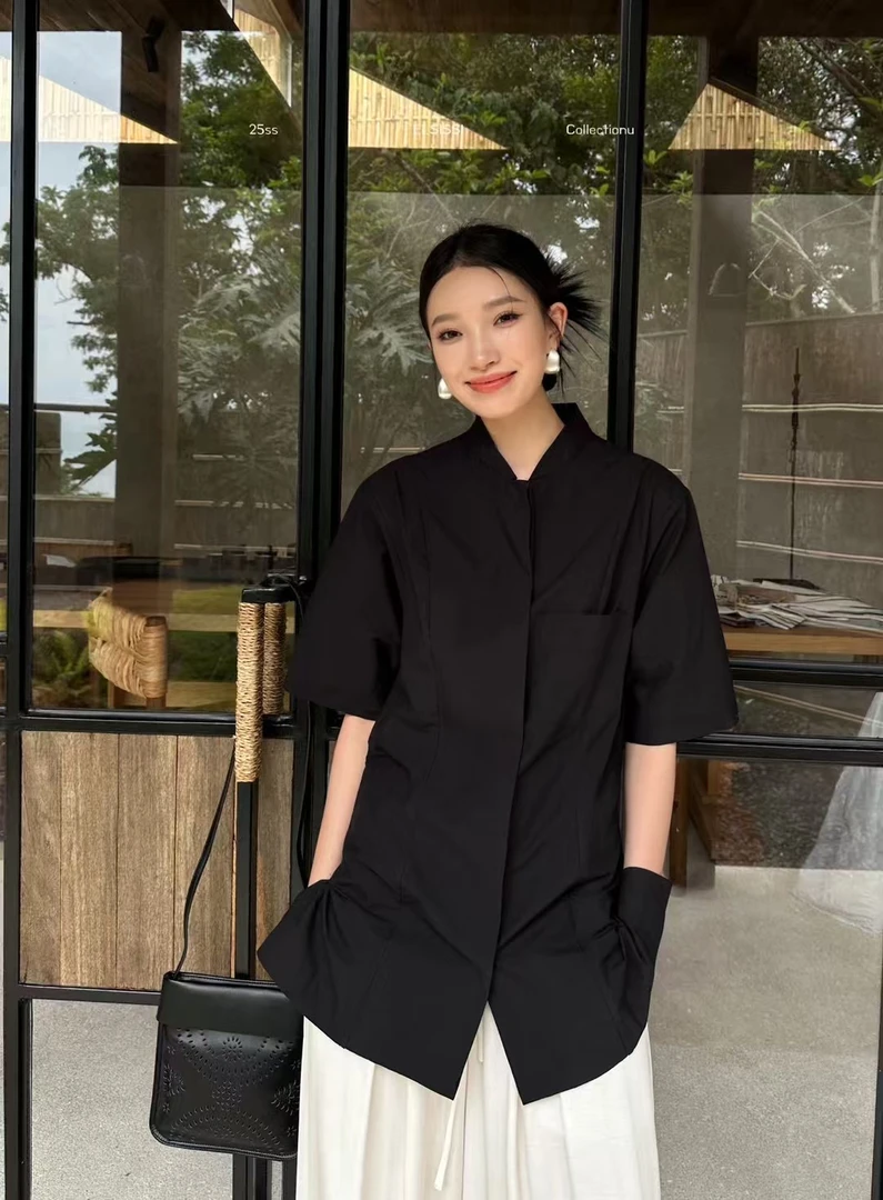 爱姐家纯棉衬衫复古落肩袖时尚不起球ol薄款夏季