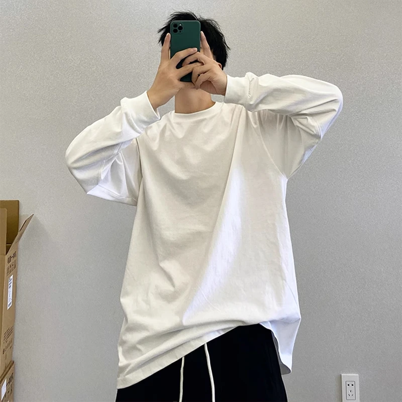 重磅潮牌330g纯棉纯色长袖t恤男装ins美式潮流圆领宽松休闲打底衫