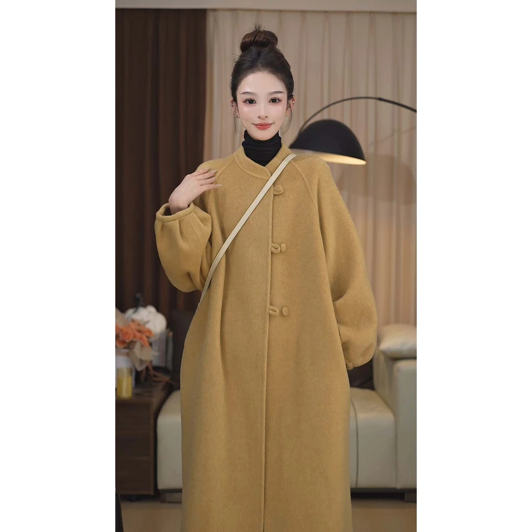 25913新中式简约宽松温柔风立领时尚百搭长款羊毛大衣（黄金叶）
