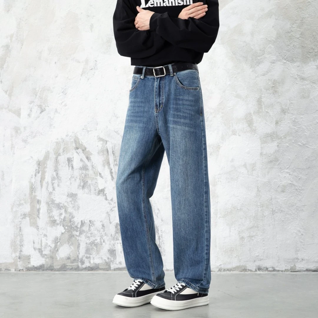 秋冬加绒立体剪裁长裤通勤复古韩版春秋风牛仔裤男款秋冬款显瘦