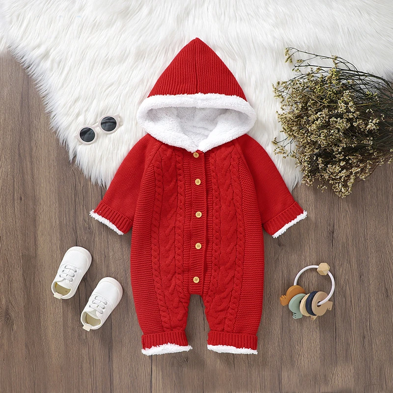 加绒婴儿针织连体衣服哈衣秋冬季保暖爬爬服新生儿男女宝宝毛线衫