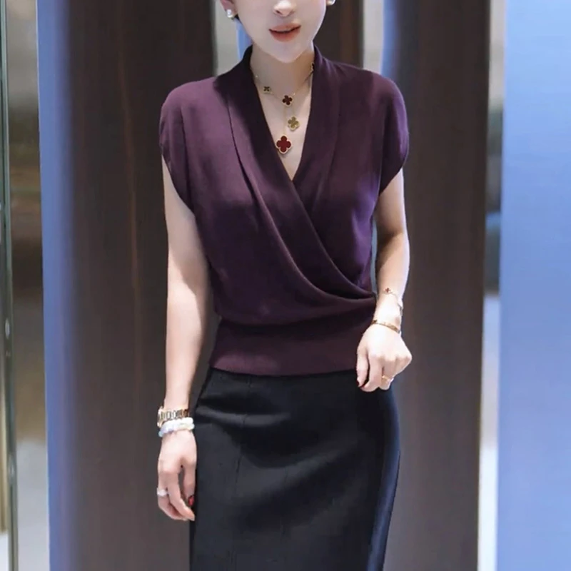 气质法式v领交叉短袖针织衫女夏季韩版复古温柔修身短款薄款上衣