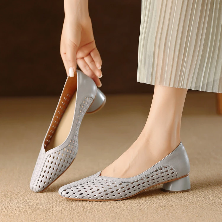 浅口单鞋手工编织凉鞋女2025新款真皮镂空百搭春夏春夏新款