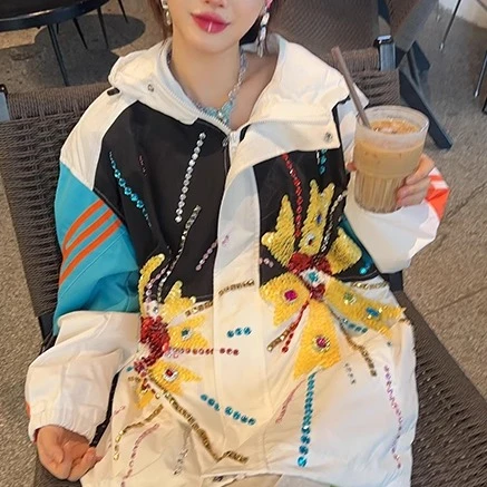 MM0079 木木原创重工手工彩色钉钻俏皮拼色连帽显瘦休闲百搭外套