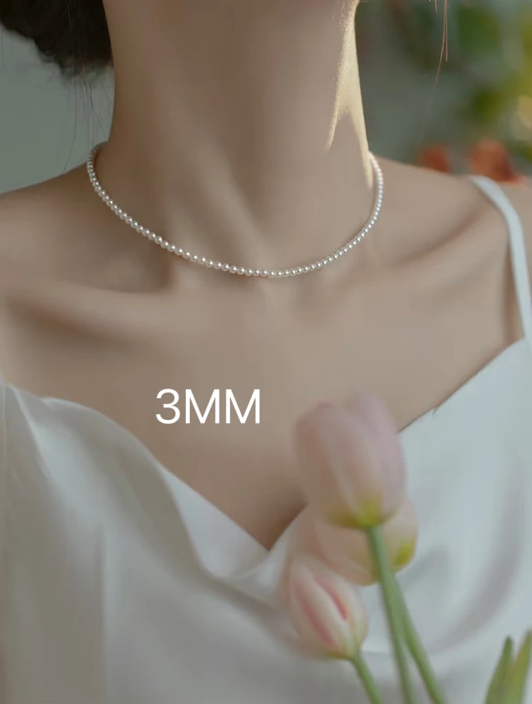 （送耳钉一对）3MM正圆精致小米珠{项链} 米白