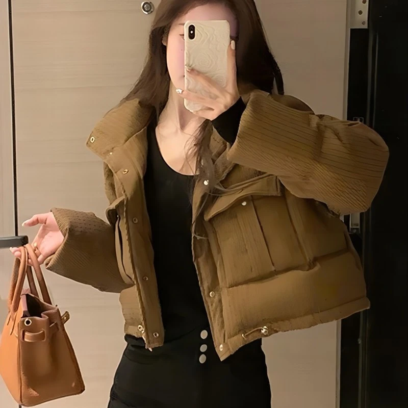 短款韩板外套女士冬季立领羽绒棉服宽松加厚棉衣小个子设计感棉袄