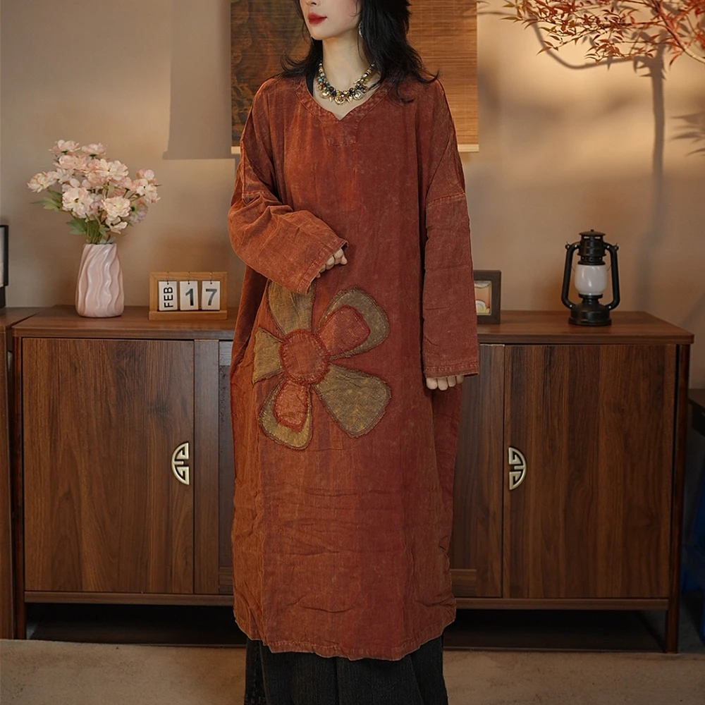 上衣女春秋新款款式大版复古文艺贴布花V领长袖中长款连衣裙袍子