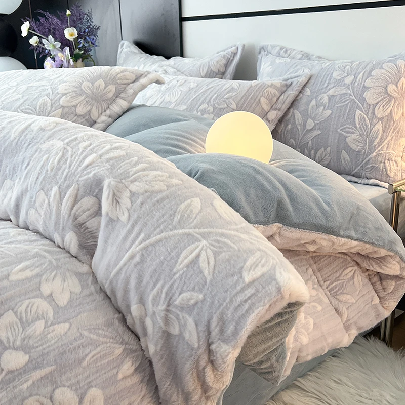 冬季加厚牛奶绒四件套简约高级感法兰绒珊瑚绒面被套罩三件套床品