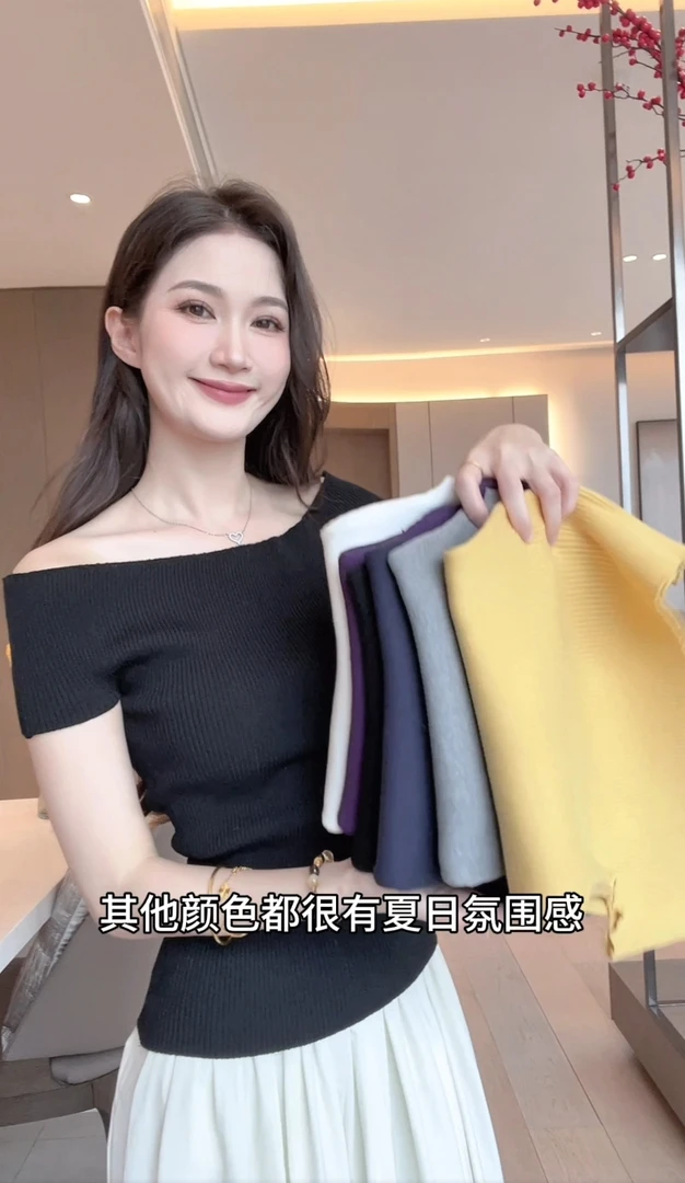 法式辣妹修身设计感短袖T恤女2025夏季新款潮流上衣针织一字肩