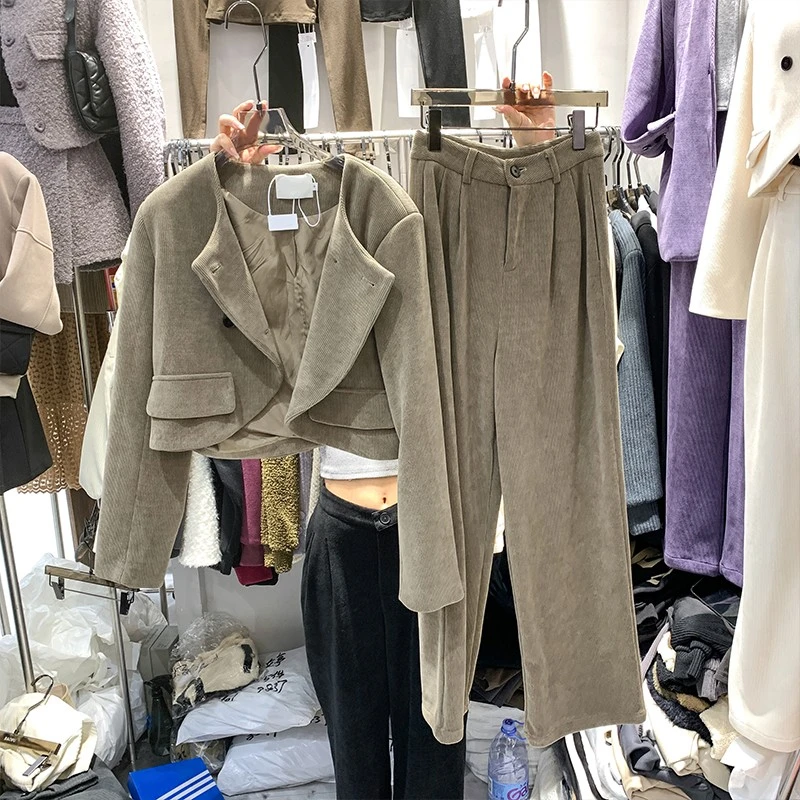 H清仓-冬装圆领双排扣灯芯绒外套高腰宽松直筒休闲长裤两件套装女