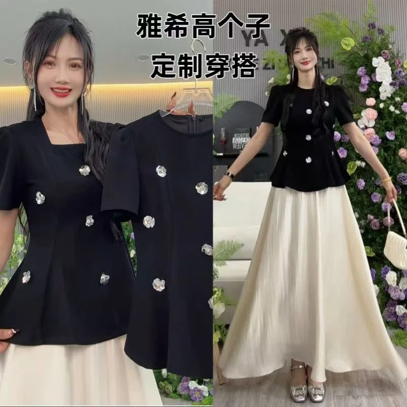 雅希定制~【山茶小香】重工立体花朵亮片短袖＋松紧腰半身裙套装